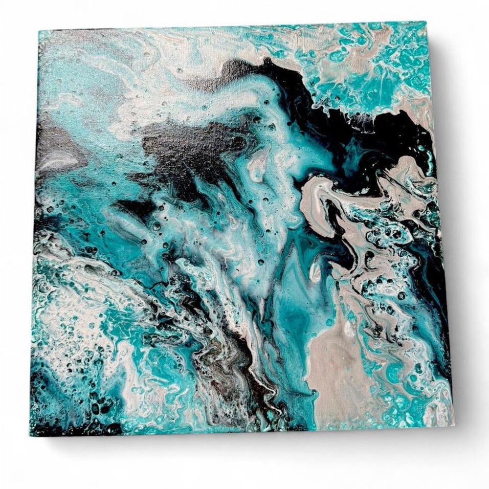 🌊 Original 12x12" Fluid Art: Turquoise Tidal Flow 🌊
